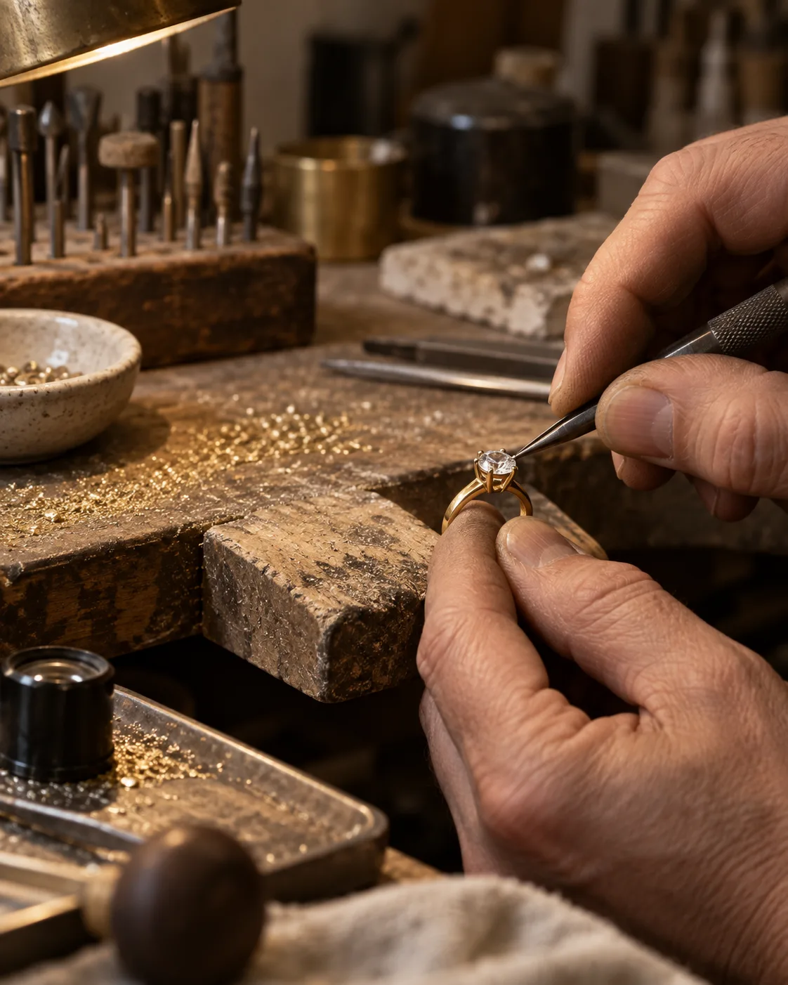 Manos de un orfebre trabajando una joya en el taller